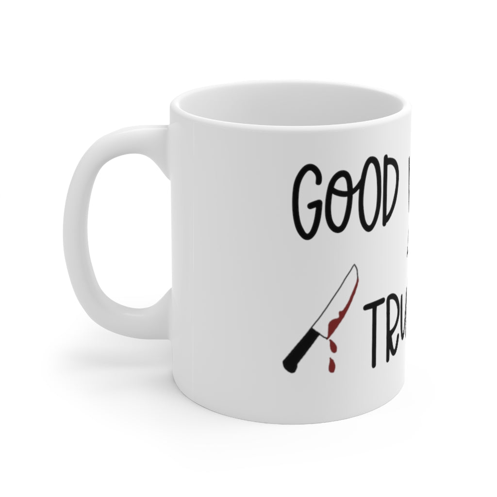 Good Wine and True Crime! This cozy ceramic mug is perfect for a night of cuddling, sipping wine, and watching that true crime documentary. This mug is the perfect gift for the true crime junkie in your life! This mug is 11 oz, lead and BPA free, and microwave and dishwasher safe!