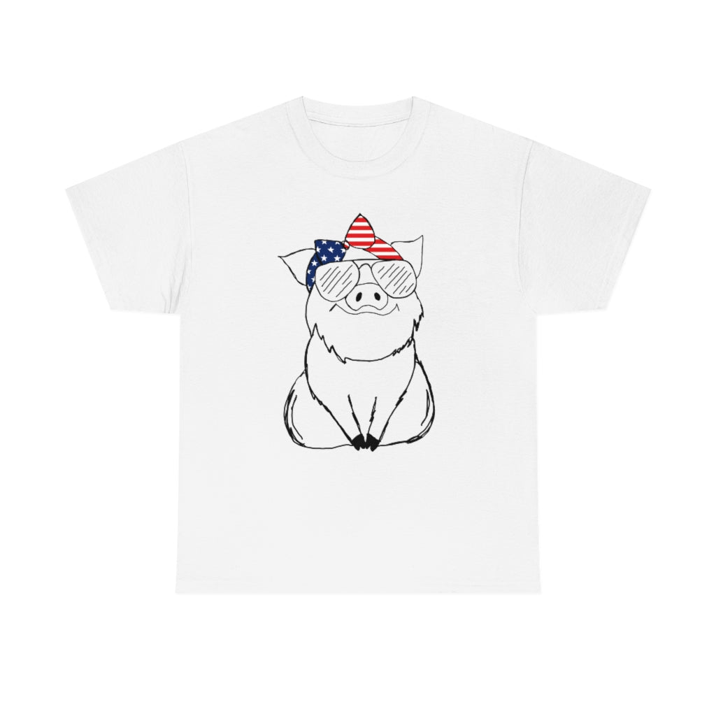 Pig with American Flag Headband Cotton T-shirt