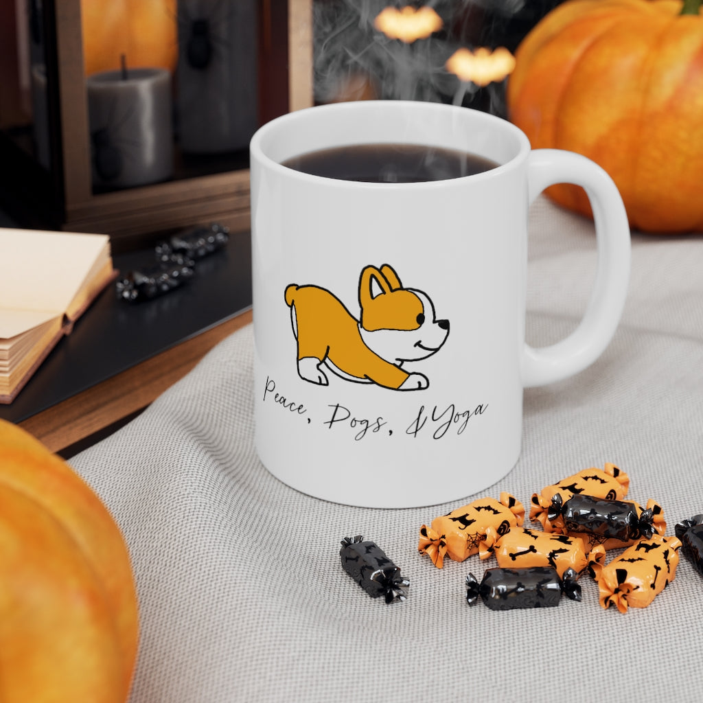 Peace, Dogs, and Yoga... the only things that matter! This mug is perfect for planning those yoga classes, or for that daily stretch at home with your pup! Great gift for the dog and yoga lovers in your life. Namaste! This mug is 11 oz, lead and BPA free, and microwave and dishwasher safe!