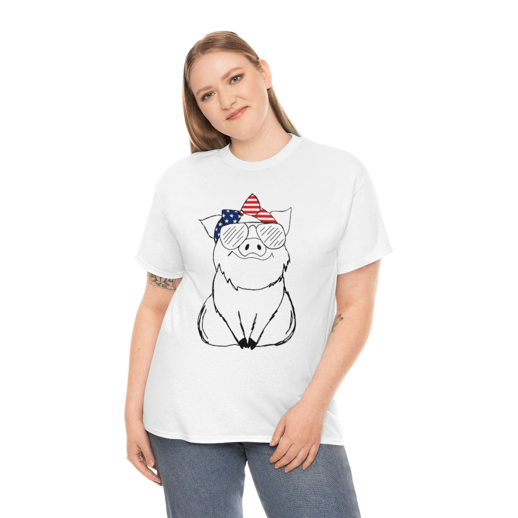 Pig with American Flag Headband Cotton T-shirt