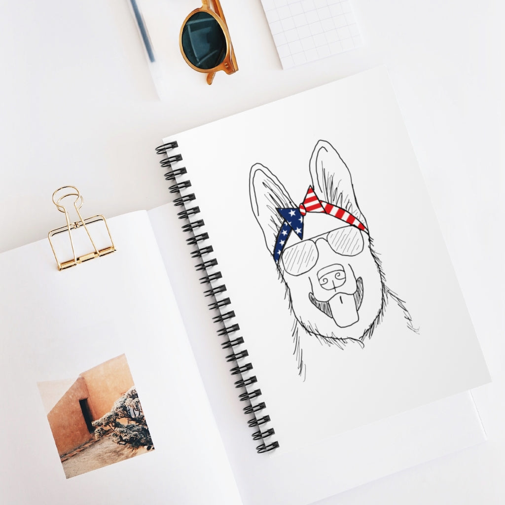 German Shepherd with American Flag Headband Spiral Notebook - Ruled Line