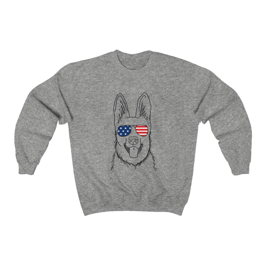 German Shepherd with American Flag Sunglasses Crewneck Sweatshirt