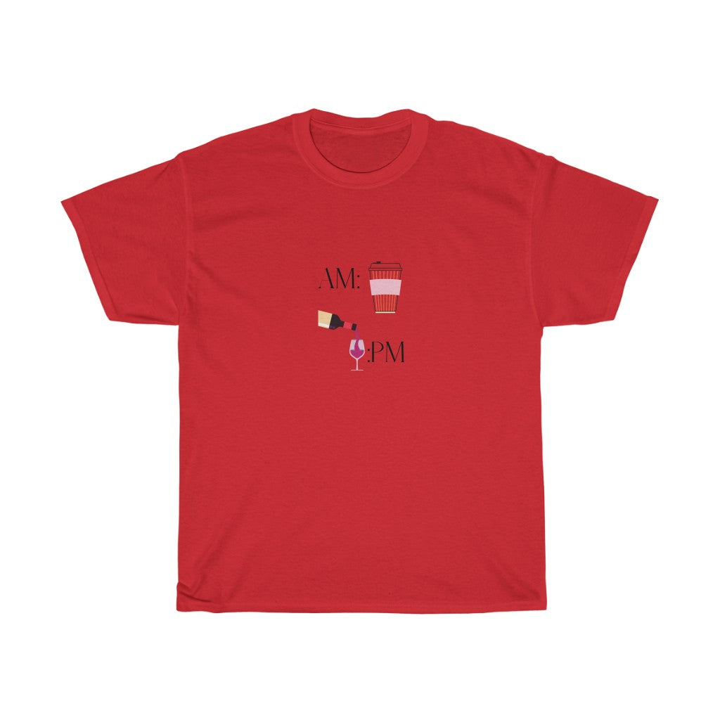 This cute cotton t-shirt shows off your schedule... coffee in the morning and wine at night, there is no other way. With bright pinks and reds, this t-shirt stands out and is a perfect cozy piece to add to your collection. Designed with a luxurious cotton, you will never want to take it off.