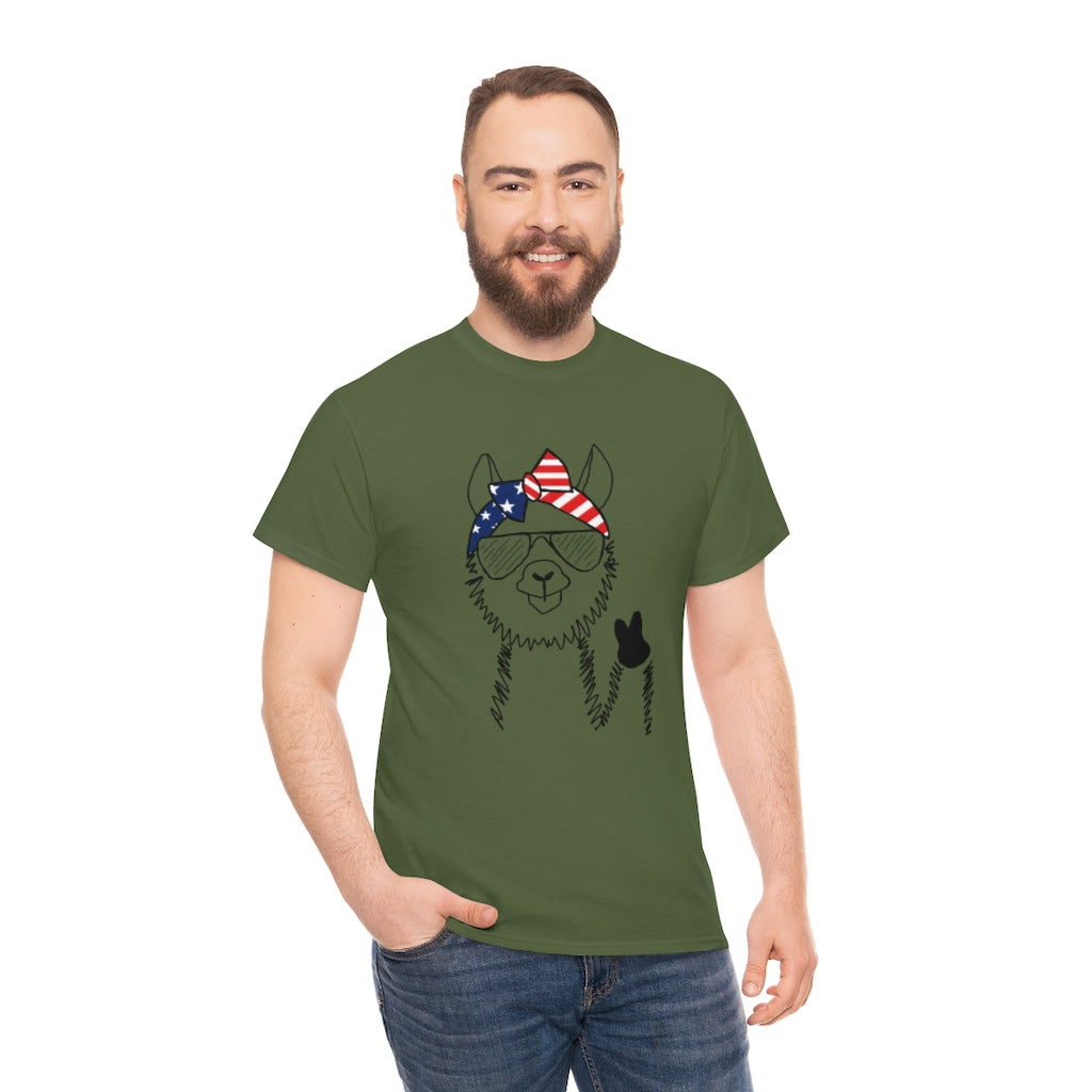 Llama with American Flag Headband Cotton T-shirt