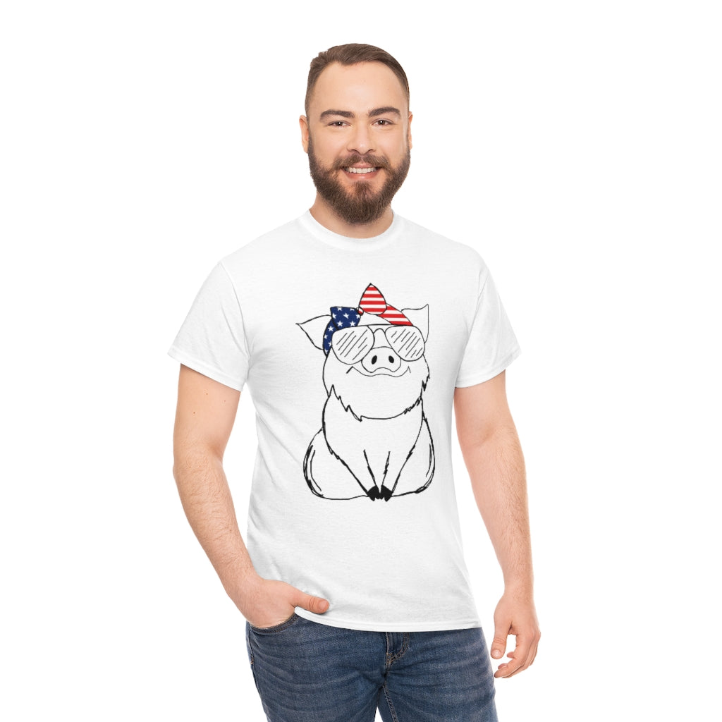 Pig with American Flag Headband Cotton T-shirt