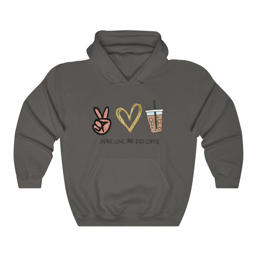 Peace, Love, and Iced Coffee... the only things that matter! This hoodie sweatshirt is perfect for those brisk morning walks to get coffee, or just for cozying up at home with your favorite iced coffee in hand. This hoodie makes the perfect gift for that iced coffee drinker in your life!