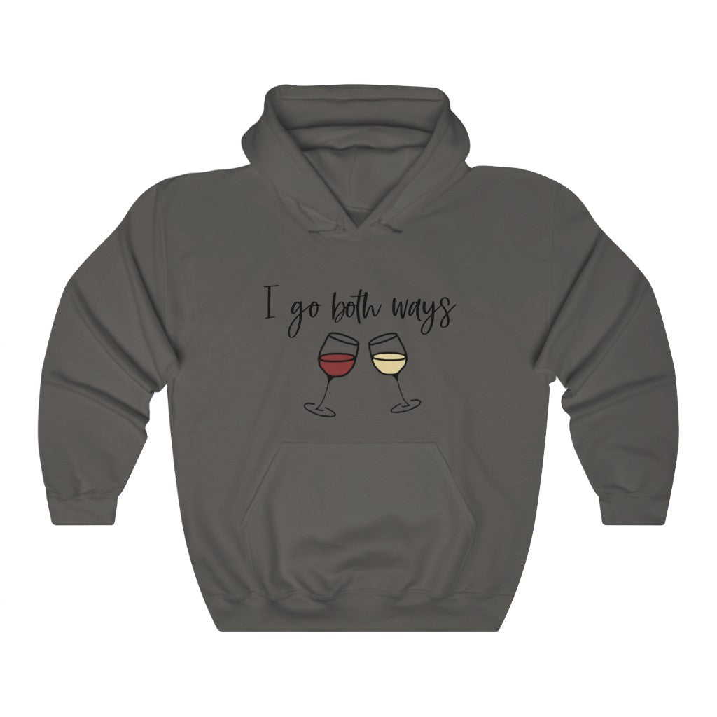 I go both ways! This funny hoodie sweatshirt is perfect for all you wine lovers out there. If you don't discriminate when it comes to white wine or red wine, this hoodie is for you. Great for those chilly days out at the vineyards, or just cozying up at home with your favorite glass of wine.