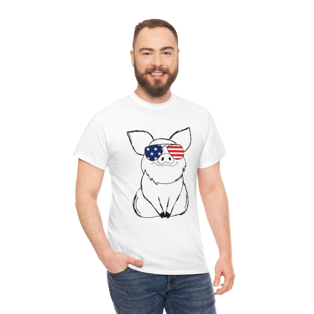 Pig with American Flag Sunglasses Cotton T-shirt