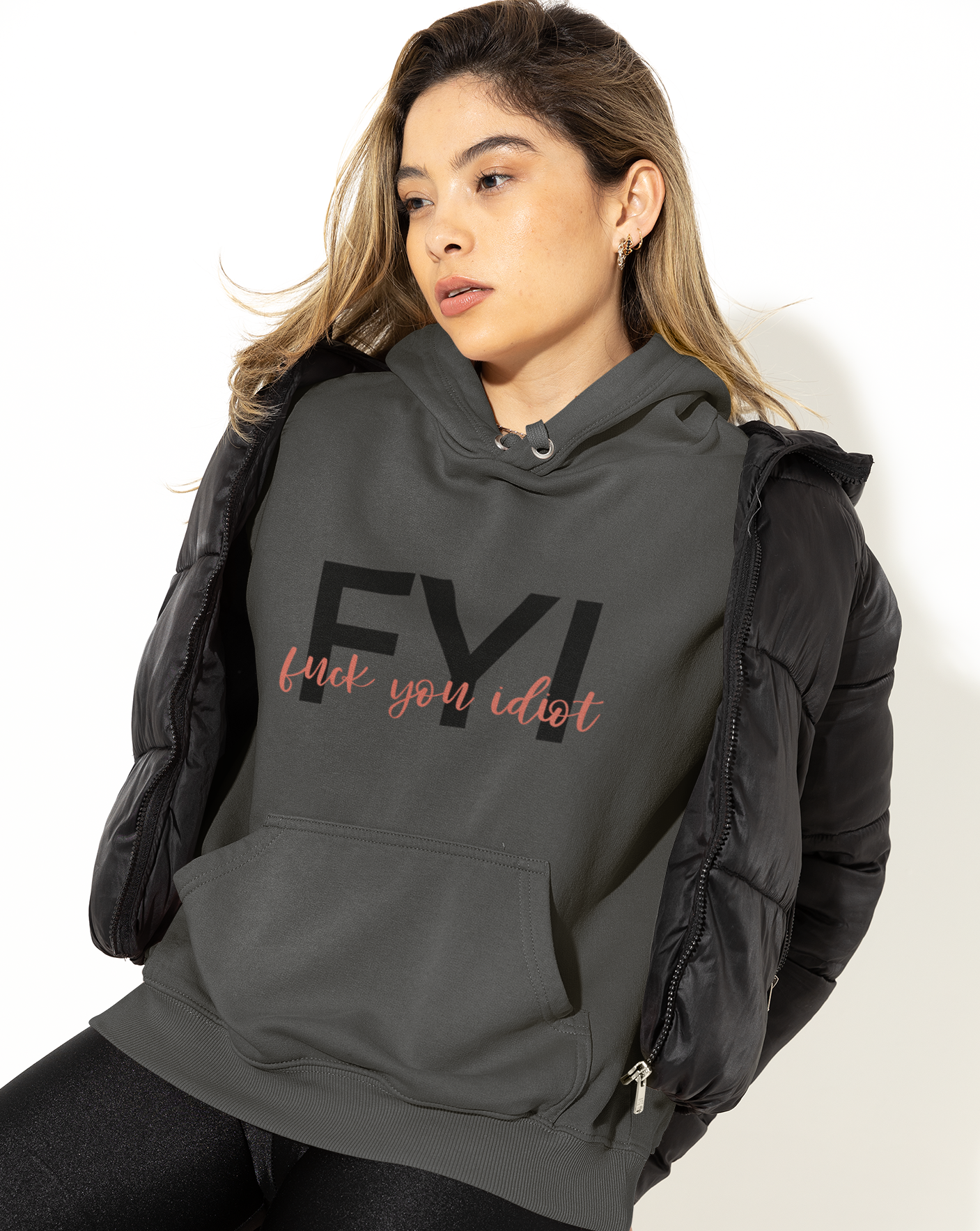 FYI, Fuck You Idiot! This funny hoodie sweatshirt is the perfect way to get your message across to your coworkers. Subtly tell them how you really feel while keeping it cool in the office.