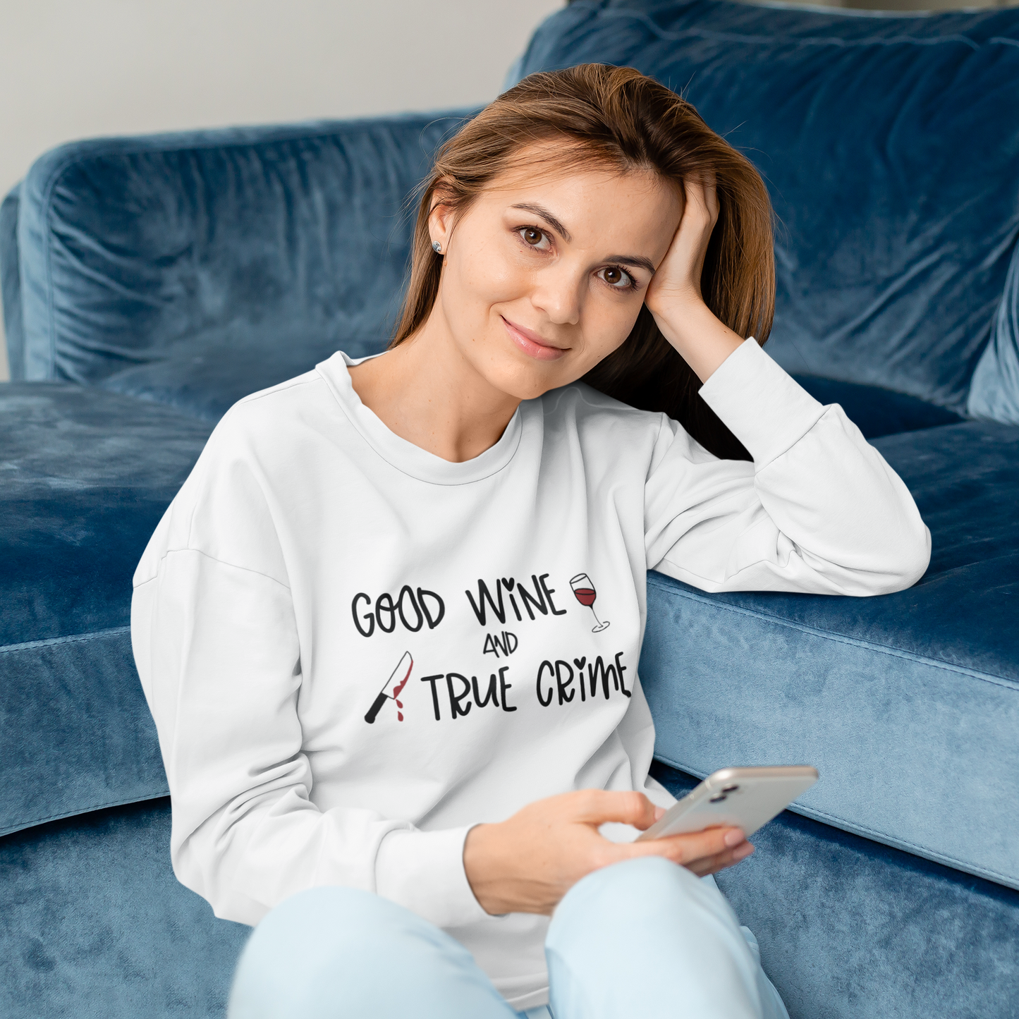 Good Wine and True Crime! This cozy crewneck sweatshirt is perfect for a night of cuddling, sipping wine, and watching that true crime documentary. This crew is the perfect gift for the true crime junkie in your life!