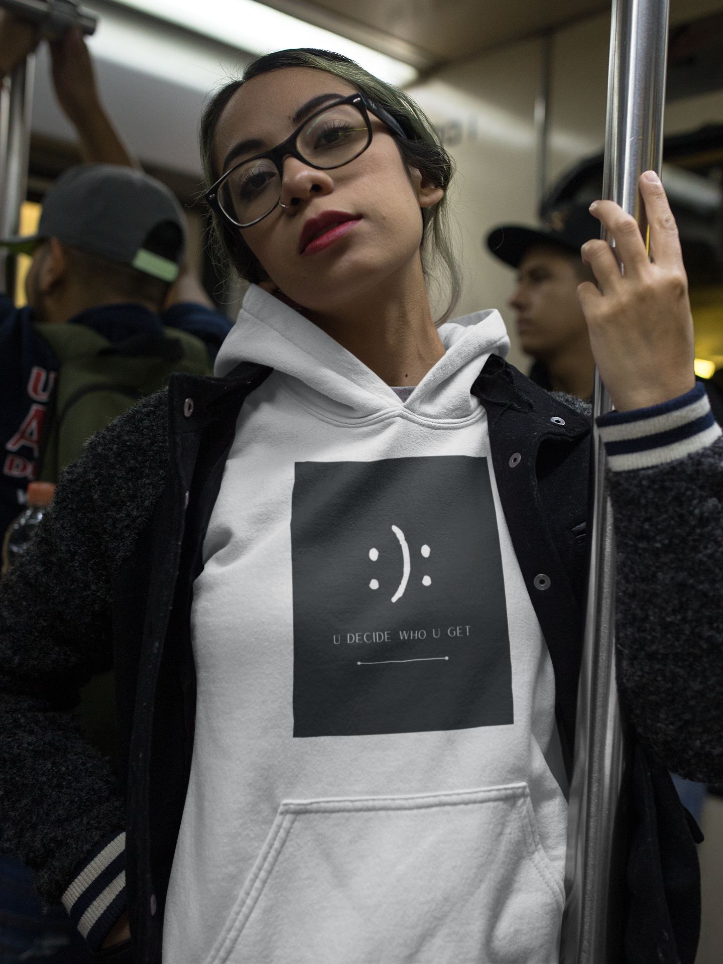 The you decide who you get smiley face hoodie sweatshirt is perfect for people who can't hide their emotions on their face. This smiley face will let people know up front your personality in a fun and sassy way. The edgy modern graphic will fit easily into your stylish wardrobe!