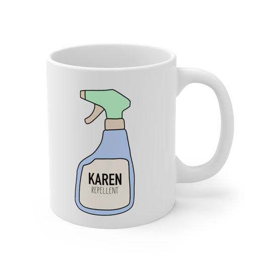 Keep those Karen's away with this funny Karen repellent ceramic mug. Avoid being cancelled while coming up with content ideas and sipping coffee from this mug. This mug is 11 oz, lead and BPA free, and microwave and dishwasher safe!