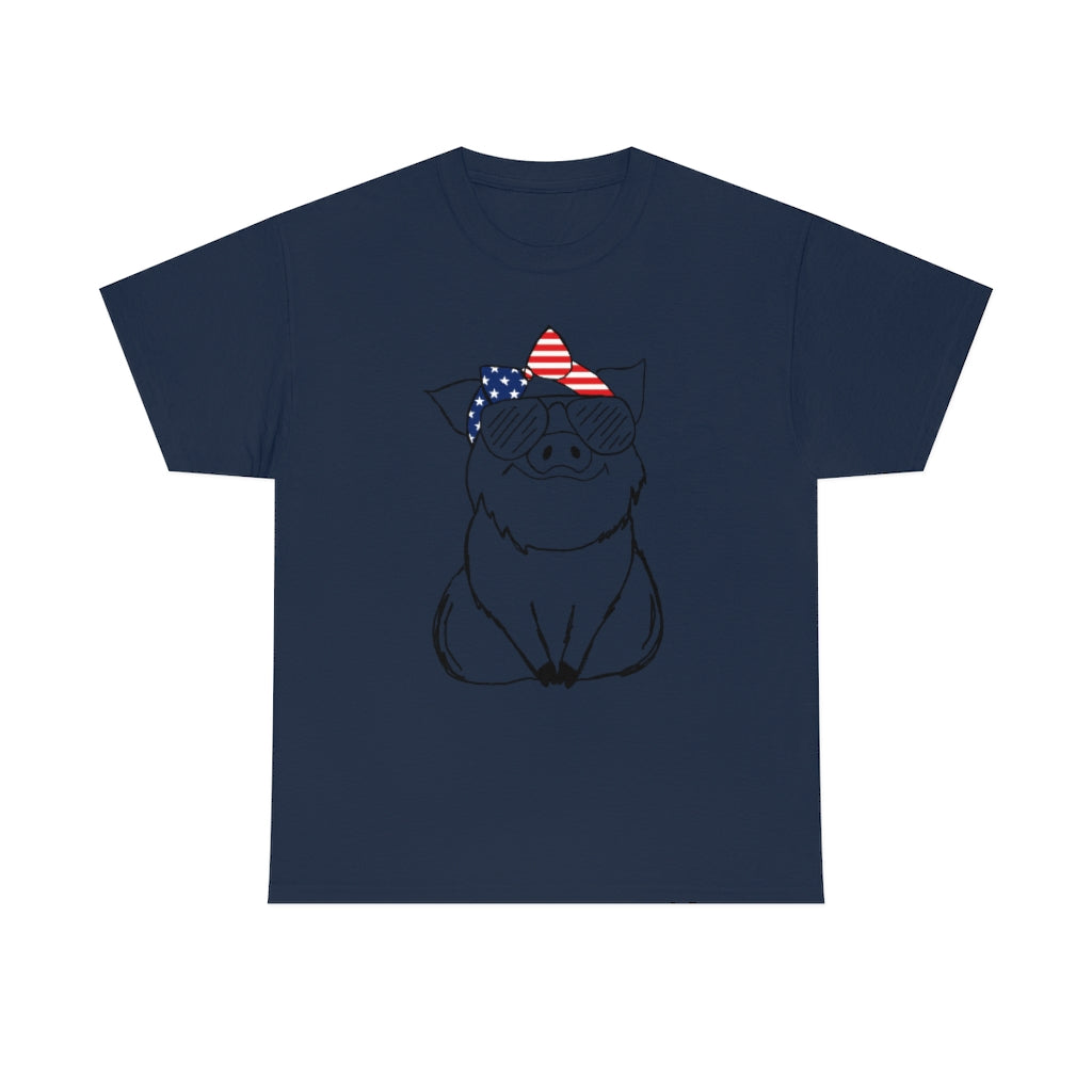 Pig with American Flag Headband Cotton T-shirt