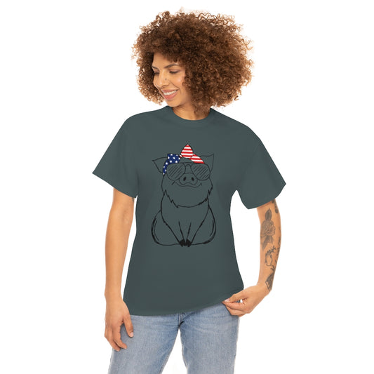 Pig with American Flag Headband Cotton T-shirt