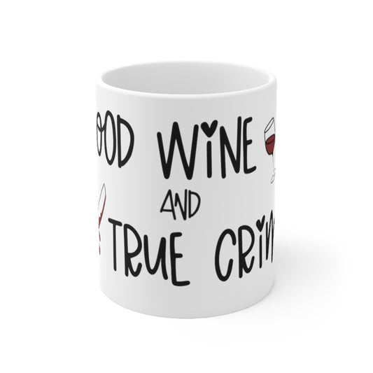 Good Wine and True Crime! This cozy ceramic mug is perfect for a night of cuddling, sipping wine, and watching that true crime documentary. This mug is the perfect gift for the true crime junkie in your life! This mug is 11 oz, lead and BPA free, and microwave and dishwasher safe!