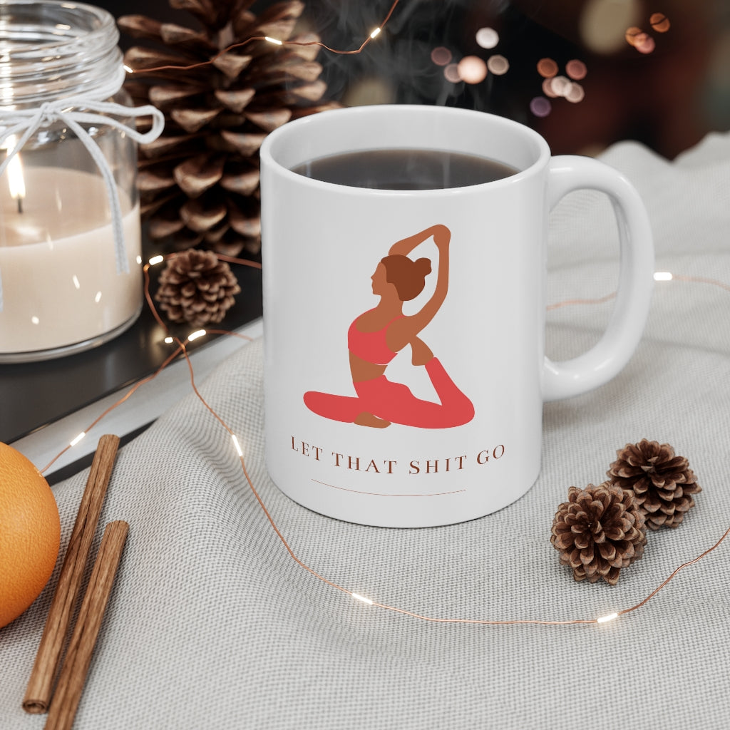 Take a deep breath in and out. This yoga inspired ceramic mug is designed with the phrase “Let That Shit Go”. Manifest all good things coming to you in the future with this stylish mug. Use it to sip tea with your favorite pair of leggings and feel all the good vibes. This mug is 11 oz, lead and BPA free, and microwave and dishwasher safe! 