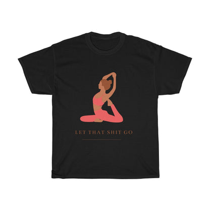 Take a deep breath in and out. This yoga inspired cotton t-shirt is designed with the phrase “Let That Shit Go”. Manifest all good things coming to you in the future with this stylish piece. Wear it with your favorite pair of leggings and feel all the good vibes. Made with a plush cotton, it is like wearing a blanket.