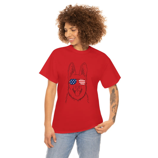 German Shepherd with American Flag Sunglasses Cotton T-shirt