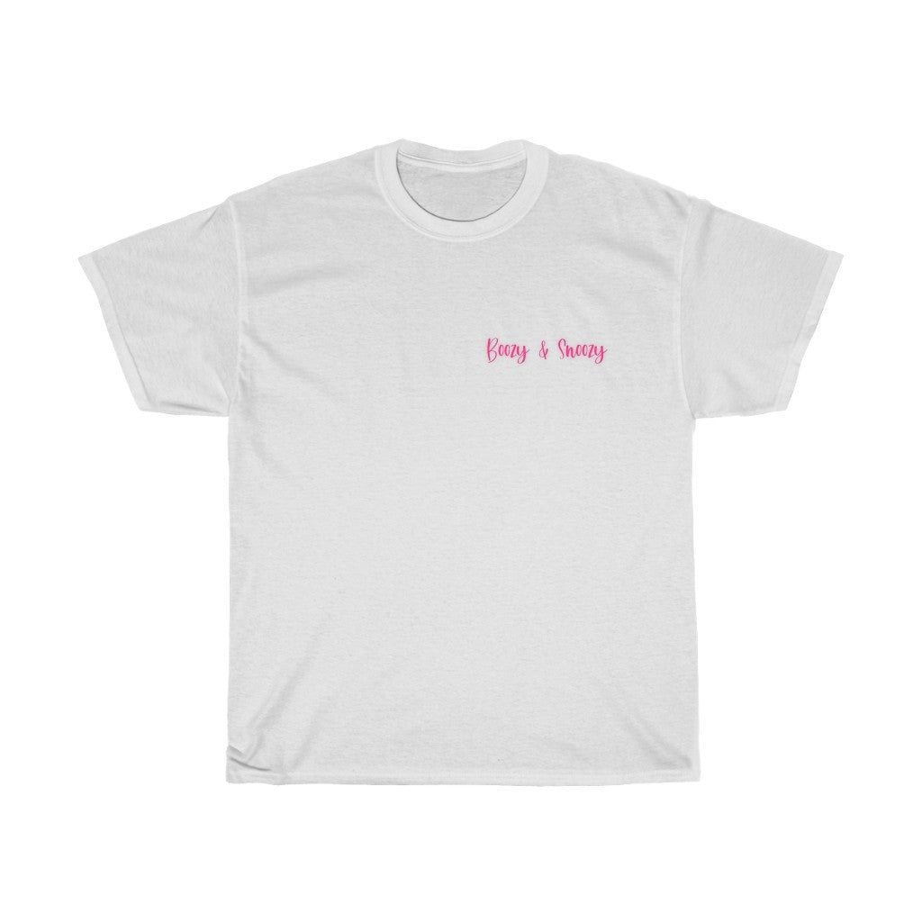 Boozy and Snoozy! Sleepy but still need a drink? This cotton t-shirt is perfect for brunch with the girls or a great gift for your boozy friends. After a long night out partying you can throw on this festive t-shirt to make your way through the day.