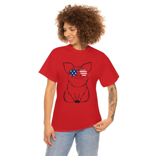 Pig with American Flag Sunglasses Cotton T-shirt