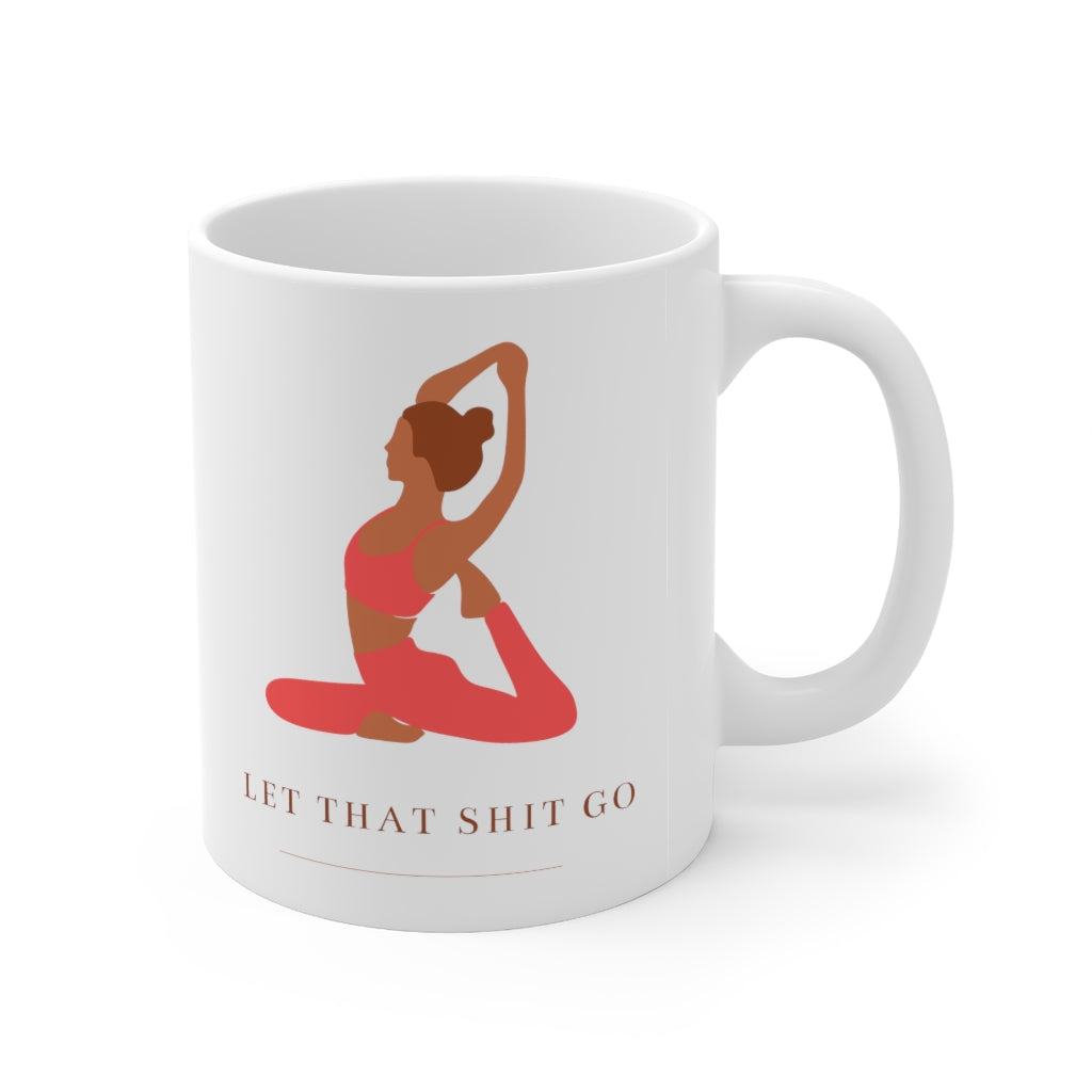 Take a deep breath in and out. This yoga inspired ceramic mug is designed with the phrase “Let That Shit Go”. Manifest all good things coming to you in the future with this stylish mug. Use it to sip tea with your favorite pair of leggings and feel all the good vibes. This mug is 11 oz, lead and BPA free, and microwave and dishwasher safe! 