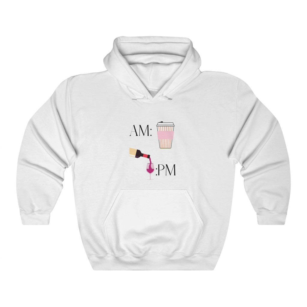 This cute hoodie shows off your schedule... coffee in the morning and wine at night, there is no other way.  With bright pinks and reds, this sweatshirt stands out and is a perfect cozy piece to add to your collection.  Designed with a luxurious cotton, you will never want to take it off.