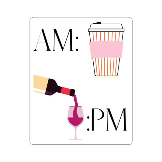 This cute sticker shows off your schedule... coffee in the morning and wine at night, there is no other way. With bright pinks and reds, this sticker stands out and is perfect to add to your collection.