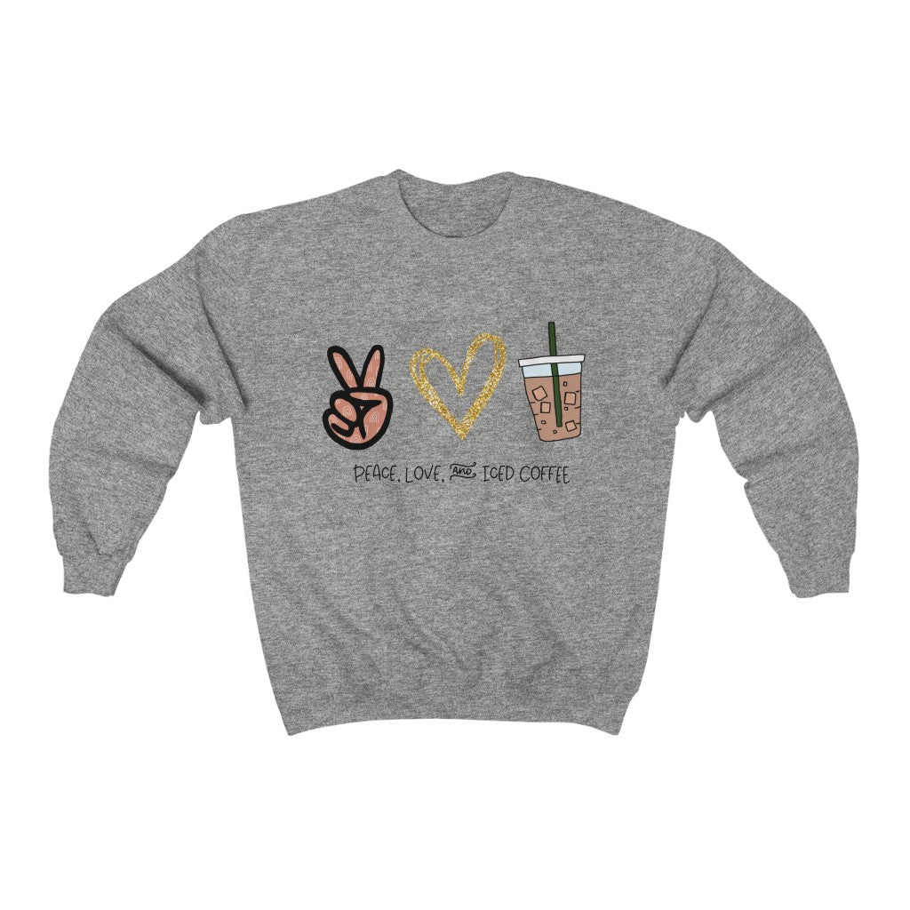 Peace, Love, and Iced Coffee... the only things that matter! This crewneck sweatshirt is perfect for those brisk morning walks to get coffee, or just for cozying up at home with your favorite iced coffee in hand.  This sweatshirt makes the perfect gift for that iced coffee drinker in your life!