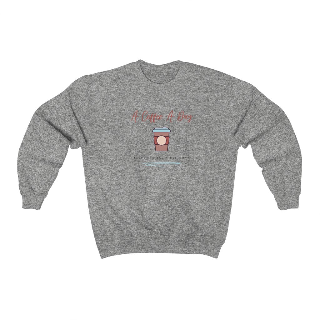 Keep the bad vibes away with a coffee (or two) a day.  This funny coffee crewneck sweatshirt shows off your love for caffeine and made with a soft cotton material, you can stay comfy all day long. Designed for the girl who loves coffee and has great style.