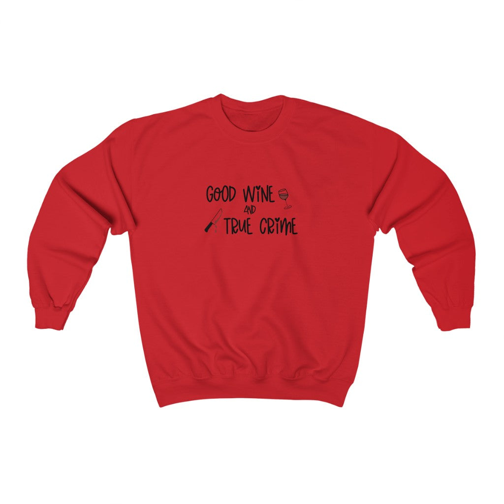 Good Wine and True Crime! This cozy crewneck sweatshirt is perfect for a night of cuddling, sipping wine, and watching that true crime documentary.  This crew is the perfect gift for the true crime junkie in your life!