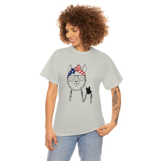 Llama with American Flag Headband Cotton T-shirt