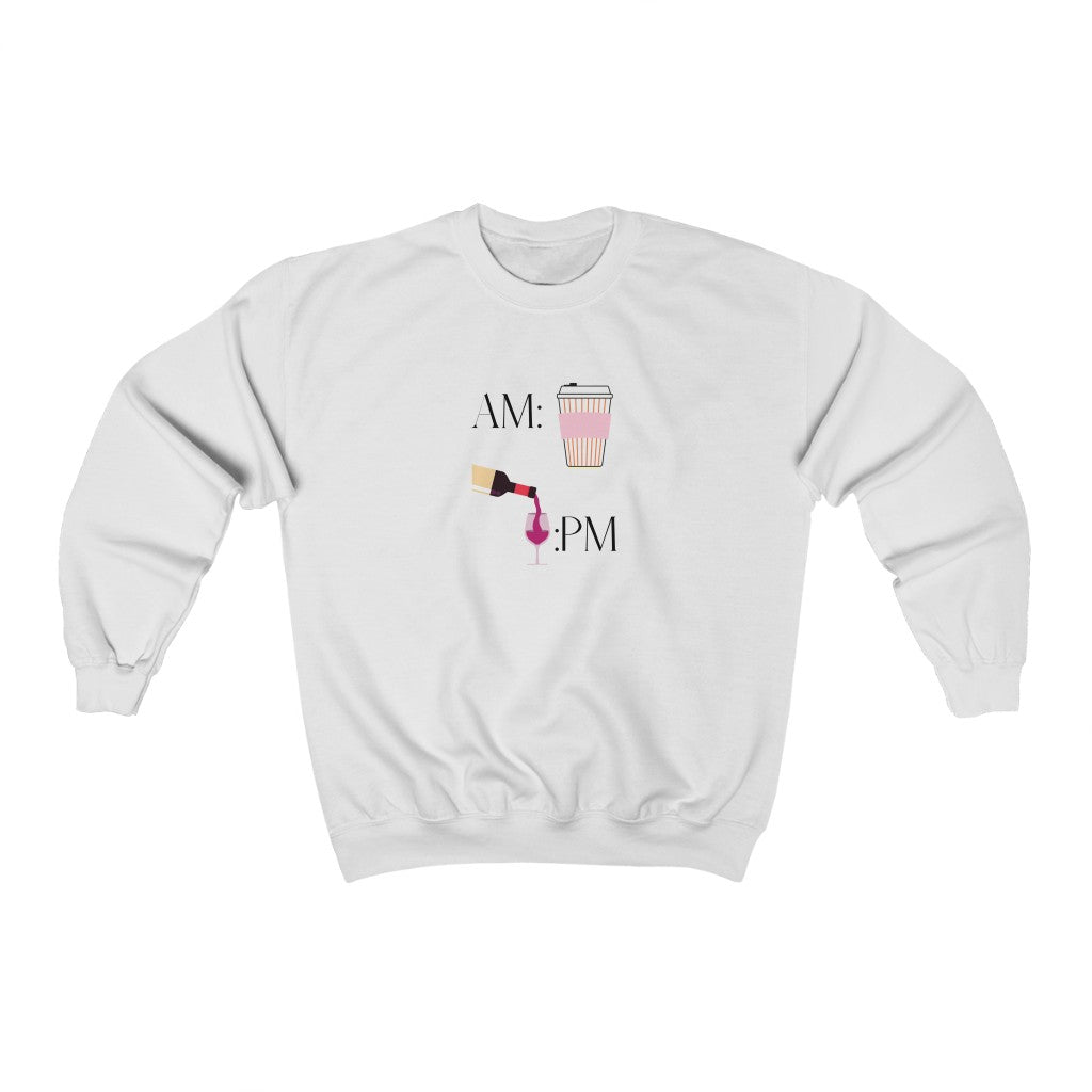 This cute crewneck sweatshirt shows off your schedule... coffee in the morning and wine at night, there is no other way.  With bright pinks and reds, this sweatshirt stands out and is a perfect cozy piece to add to your collection.  Designed with a luxurious cotton, you will never want to take it off.