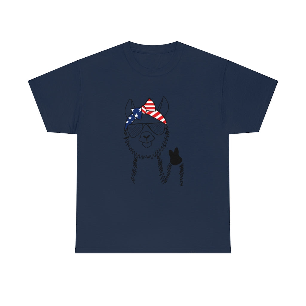 Llama with American Flag Headband Cotton T-shirt