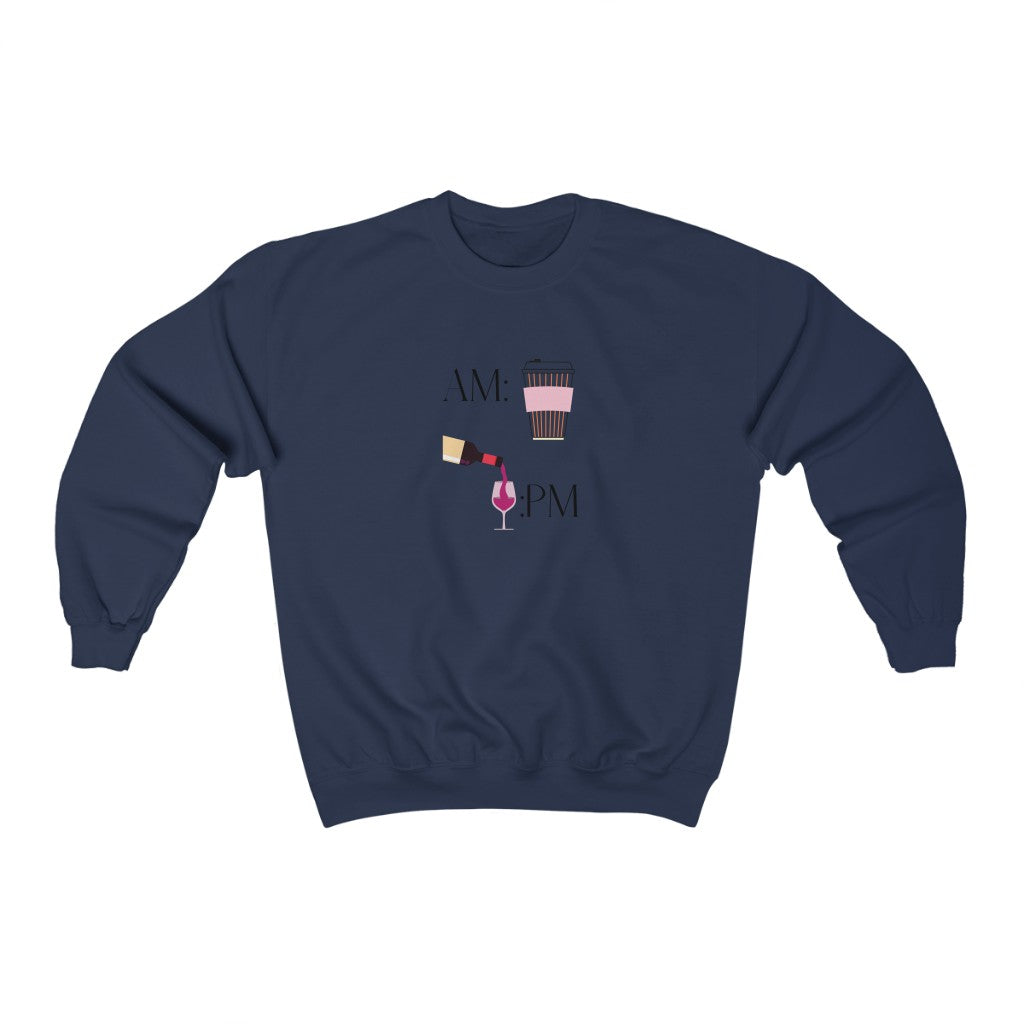 This cute crewneck sweatshirt shows off your schedule... coffee in the morning and wine at night, there is no other way.  With bright pinks and reds, this sweatshirt stands out and is a perfect cozy piece to add to your collection.  Designed with a luxurious cotton, you will never want to take it off.