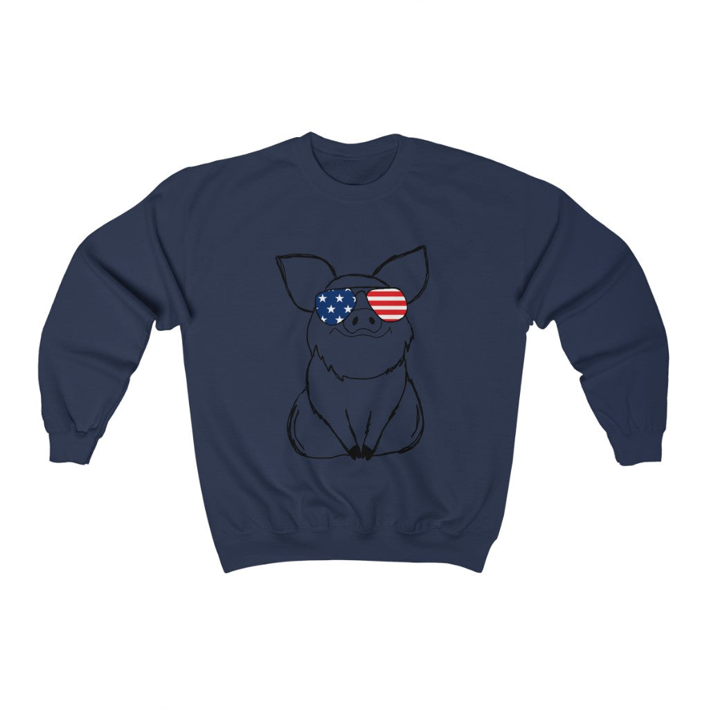 Pig with American Flag Sunglasses Crewneck Sweatshirt