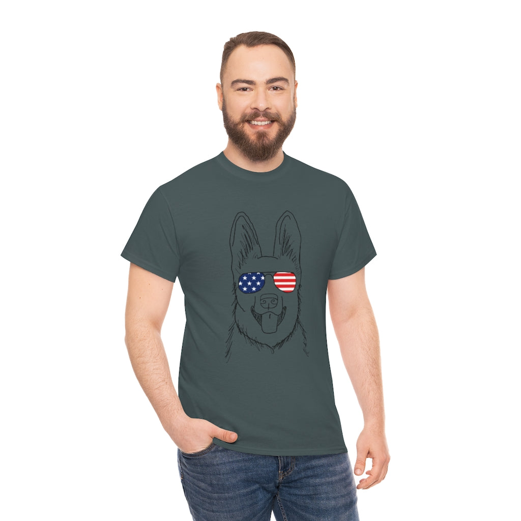 German Shepherd with American Flag Sunglasses Cotton T-shirt
