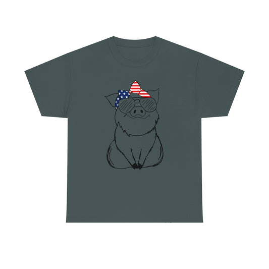 Pig with American Flag Headband Cotton T-shirt