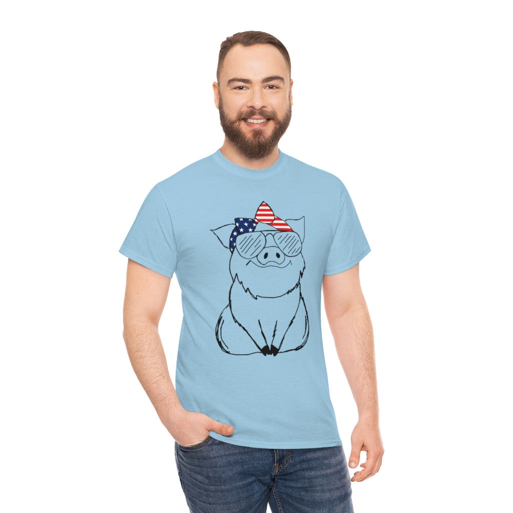 Pig with American Flag Headband Cotton T-shirt