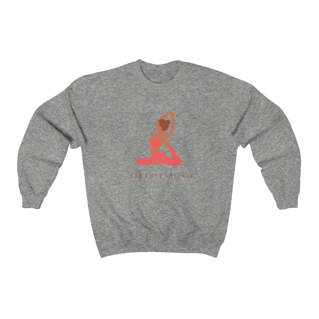 Take a deep breath in and out. This yoga inspired crewneck sweatshirt is designed with the phrase “Let That Shit Go”. Manifest all good things coming to you in the future with this stylish piece. Wear it with your favorite pair of leggings and feel all the good vibes. Made with a plush cotton, it is like wearing a blanket.