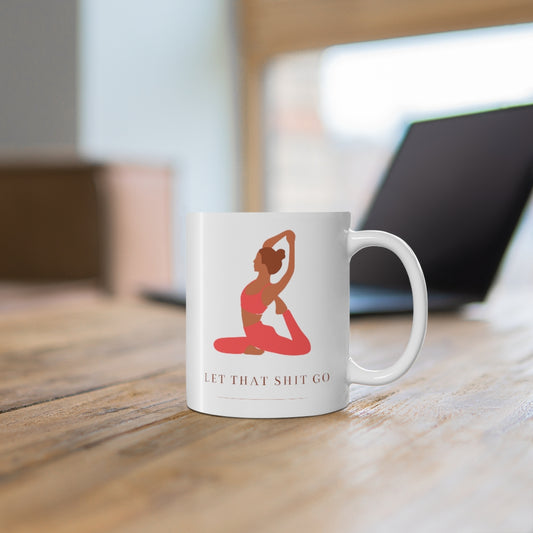 Take a deep breath in and out. This yoga inspired ceramic mug is designed with the phrase “Let That Shit Go”. Manifest all good things coming to you in the future with this stylish mug. Use it to sip tea with your favorite pair of leggings and feel all the good vibes. This mug is 11 oz, lead and BPA free, and microwave and dishwasher safe!
