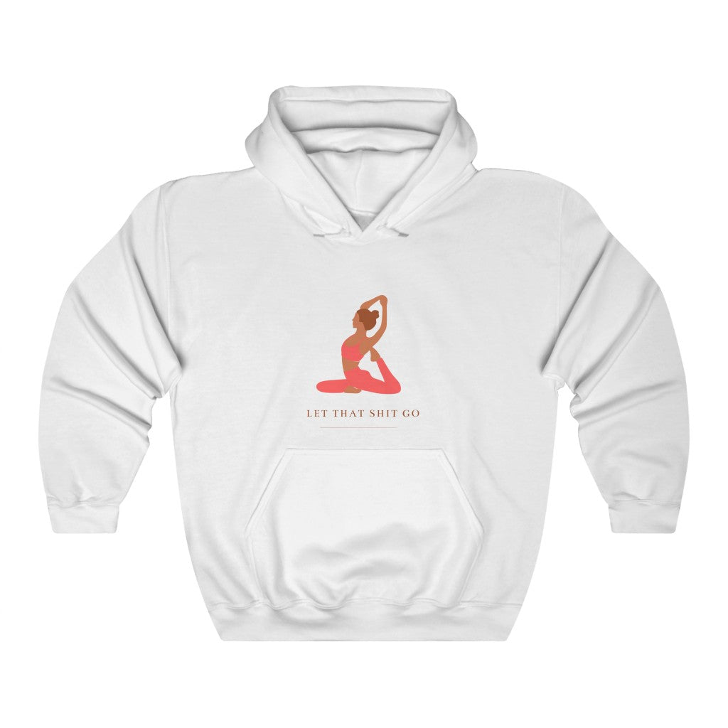 Take a deep breath in and out. This yoga inspired hoodie sweatshirt is designed with the phrase “Let That Shit Go”. Manifest all good things coming to you in the future with this stylish piece. Wear it with your favorite pair of leggings and feel all the good vibes. Made with a plush cotton, it is like wearing a blanket.
