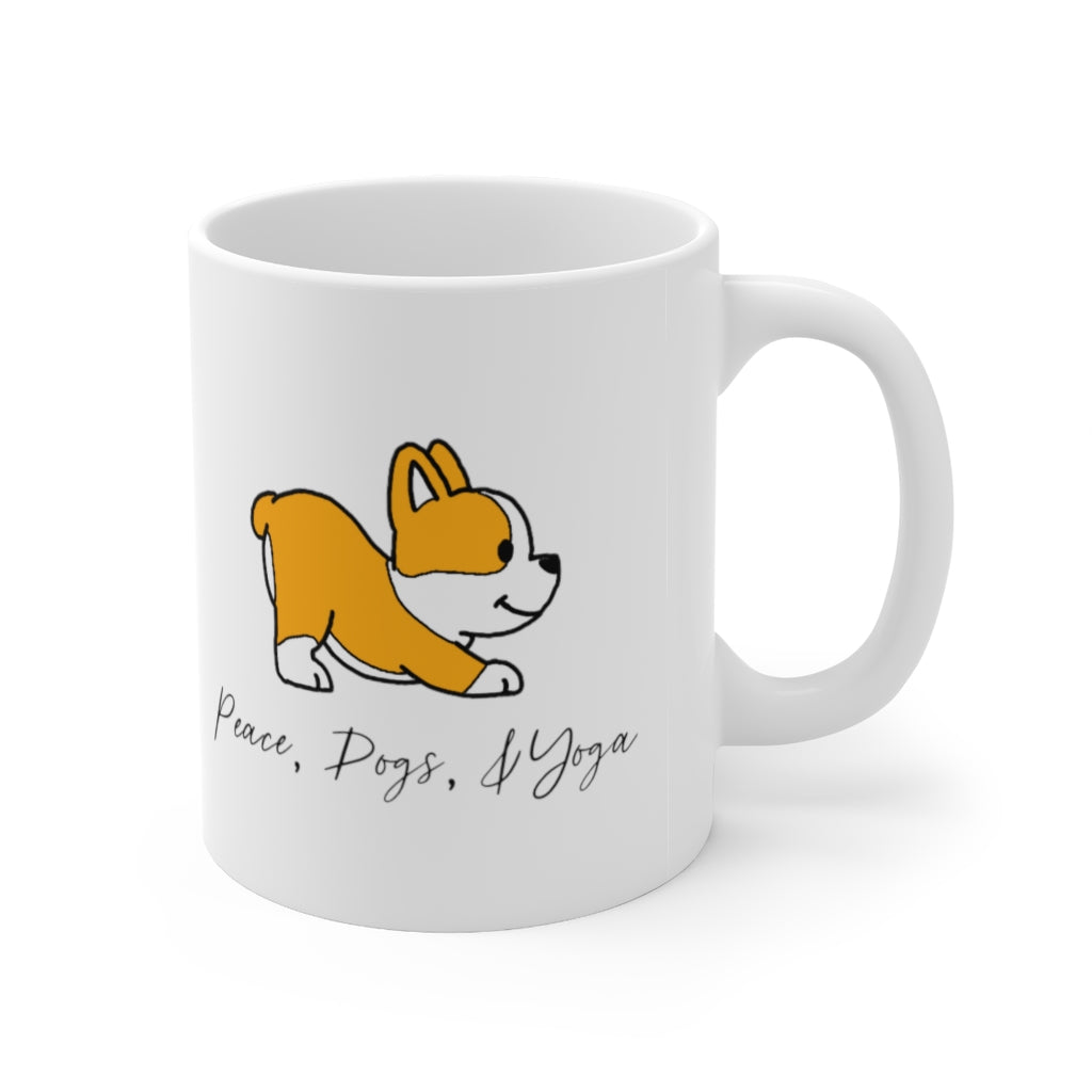 Peace, Dogs, and Yoga... the only things that matter! This mug is perfect for planning those yoga classes, or for that daily stretch at home with your pup! Great gift for the dog and yoga lovers in your life. Namaste! This mug is 11 oz, lead and BPA free, and microwave and dishwasher safe! 