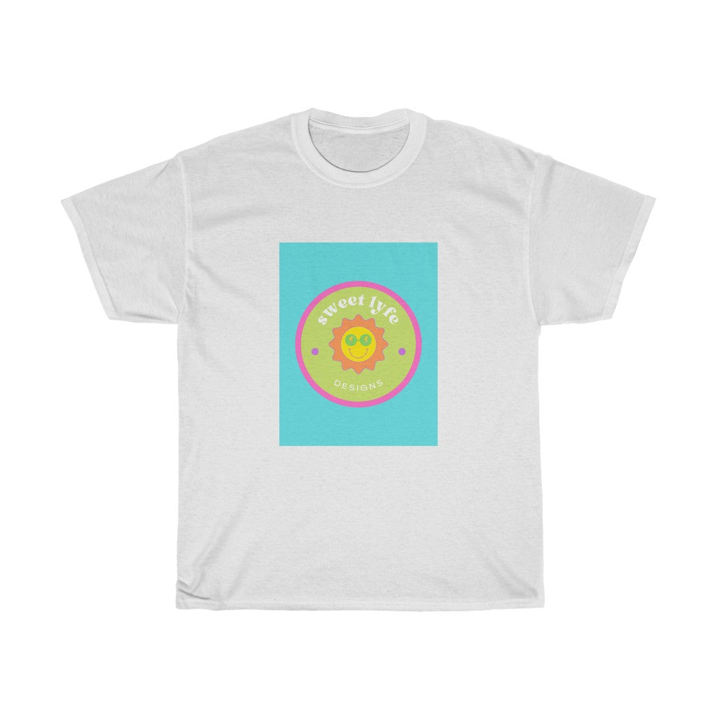 This bright fun colorful cotton t-shirt has a retro design with a sun wearing sunglasses.  With fun pops of color, this cute graphic t-shirt is a unique piece to add to your collection.  Make people smile and show off your style and always remember you are living the sweet lyfe.