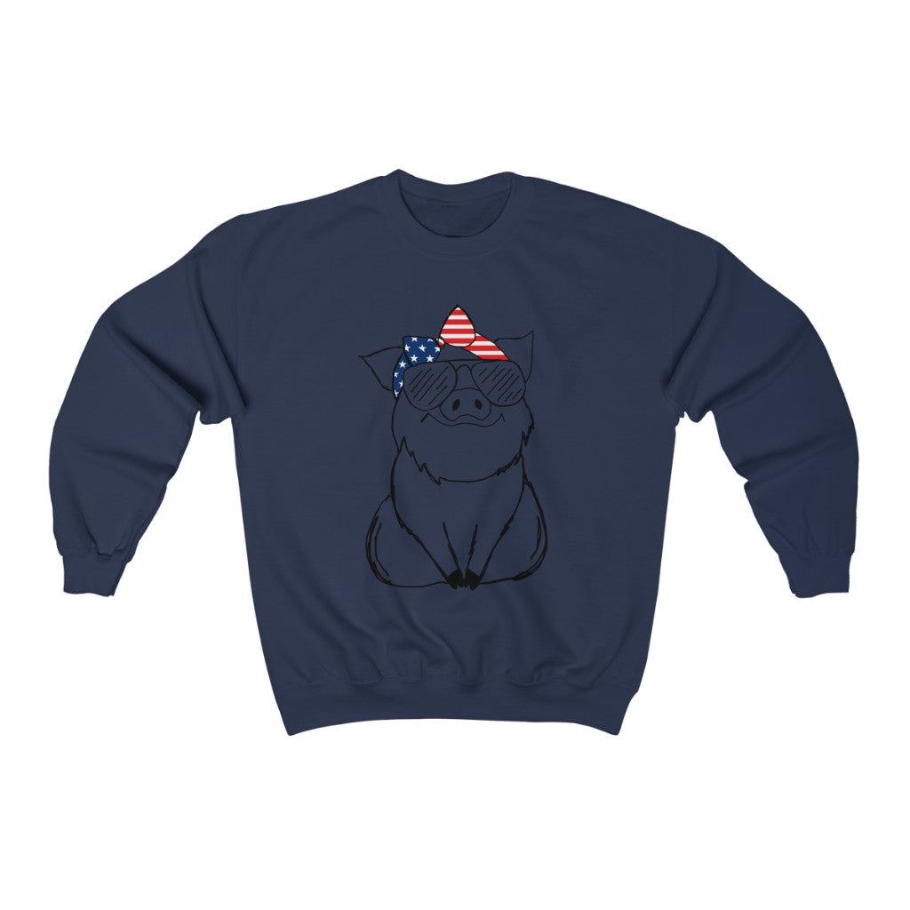 Pig with American Flag Headband Crewneck Sweatshirt
