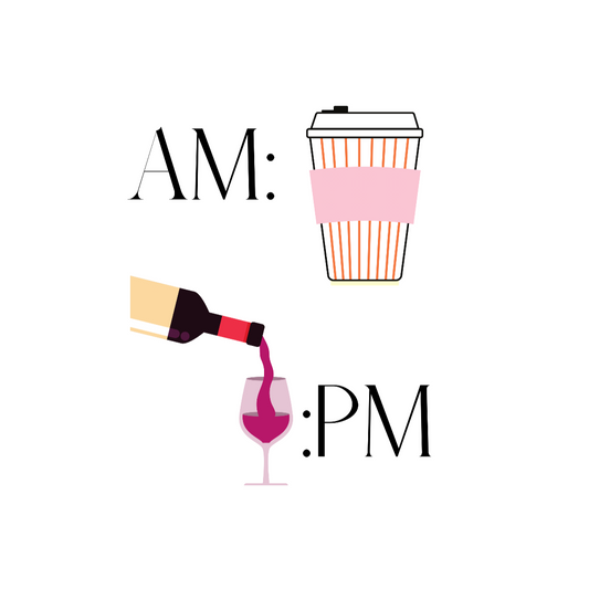 This cute ceramic mug shows off your schedule... coffee in the morning and wine at night, there is no other way. With bright pinks and reds, this mug stands out and is the perfect piece to add to your collection. This mug is 11 oz, lead and BPA free, and microwave and dishwasher safe!