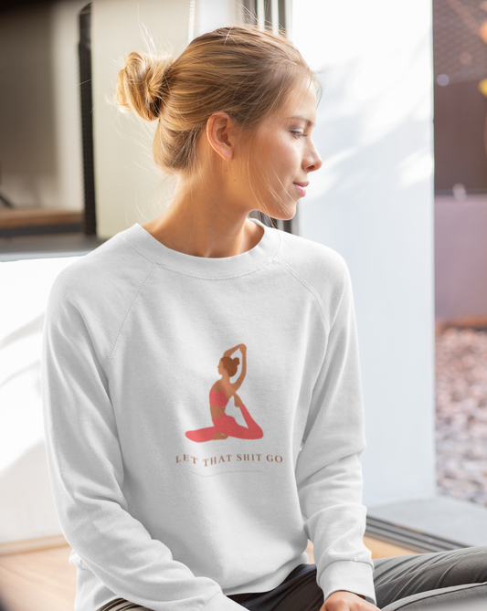 Take a deep breath in and out. This yoga inspired crewneck sweatshirt is designed with the phrase “Let That Shit Go”. Manifest all good things coming to you in the future with this stylish piece. Wear it with your favorite pair of leggings and feel all the good vibes. Made with a plush cotton, it is like wearing a blanket.