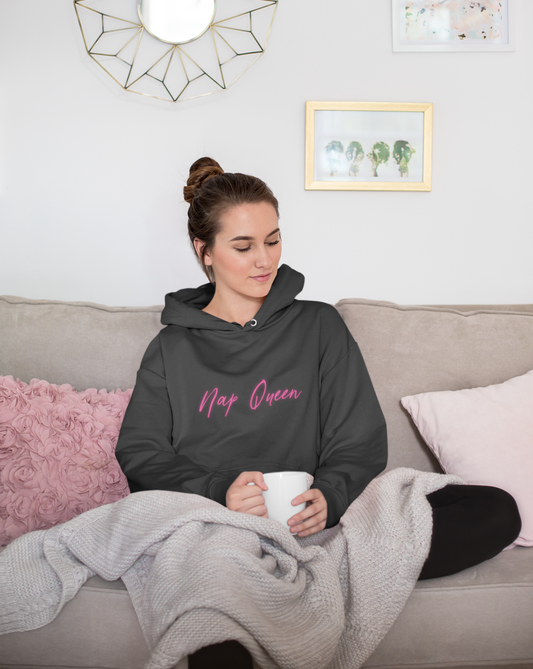 Nap Queen! This hoodie sweatshirt is perfect for those cozy days when you can just cuddle up and take a nap! Or even if you just wish you could take a nap at all times! This is the perfect gift to give to that one person who is always napping!