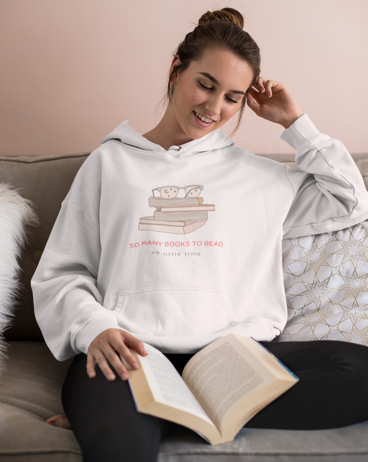 To all the book lovers out there, this hoodie is for you! Inspired by bookworms everywhere, this cotton t-shirt has a cute book design with the phrase “So Many Books To Read So Little Time”. Made with a super soft cotton, this stylish sweatshirt is great for snuggling up on the couch with a new book in hand. This is a great gift idea for your bookclub or anyone who is a reader.