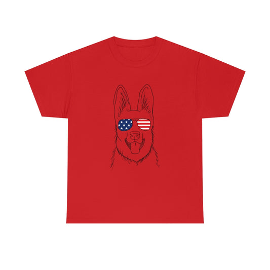 German Shepherd with American Flag Sunglasses Cotton T-shirt