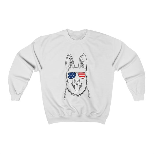 German Shepherd with American Flag Sunglasses Crewneck Sweatshirt
